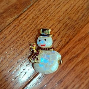 Frosty Snowman Ruby Scarf Snowman Brooch White & Gold